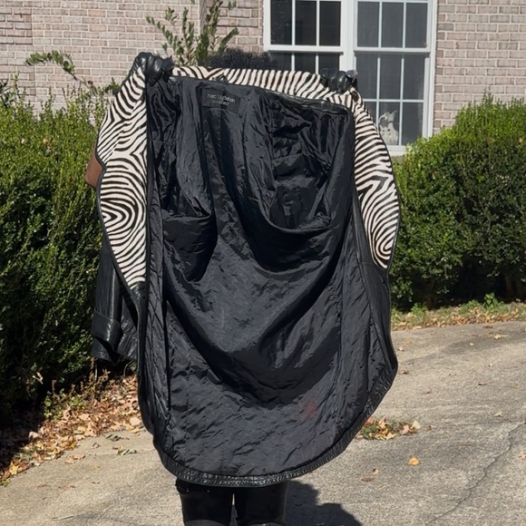 Rare Vtg 80’s Zebra trim Marc Buchanan Tannery West Black Leather Dramatic Coat - Picture 7 of 14